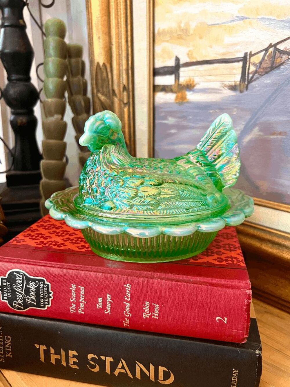 Mosser Glass Green Mist Carnival Hen on Nest Iridescent Covered Dish 7 Inch USA